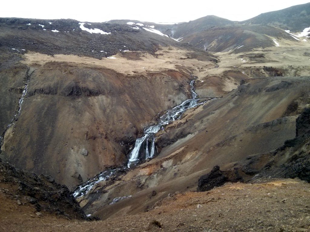 Waterfall in the Reykjadalur geothermal area in Iceland