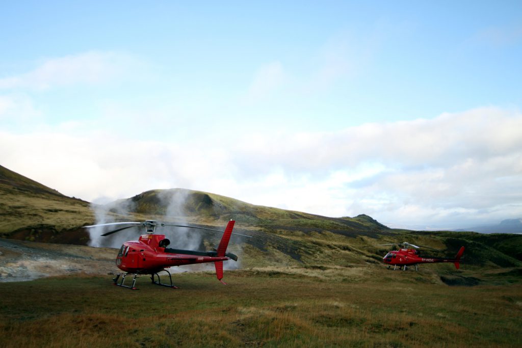 Helicopter tour over Iceland: landing in the Hengill geothermal area